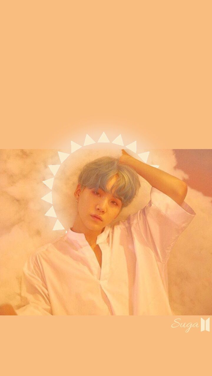 Wallpaper of Suga from BTS with a white shirt and a white sun behind him - Suga
