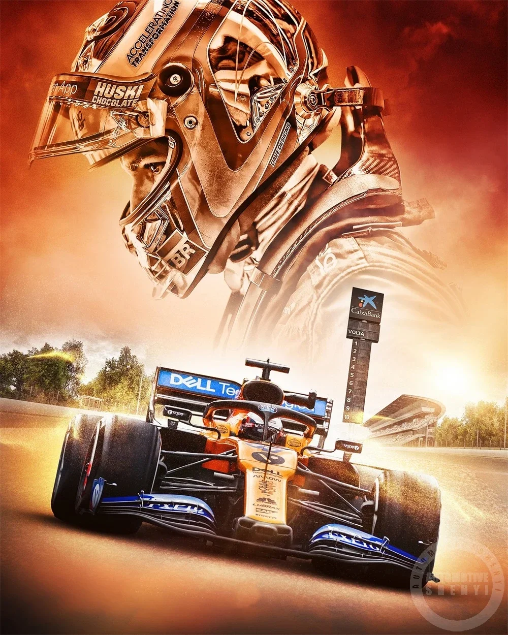 Formula 1 2021 Season Poster featuring Lando Norris in his car with a gold helmet on the background - Lewis Hamilton