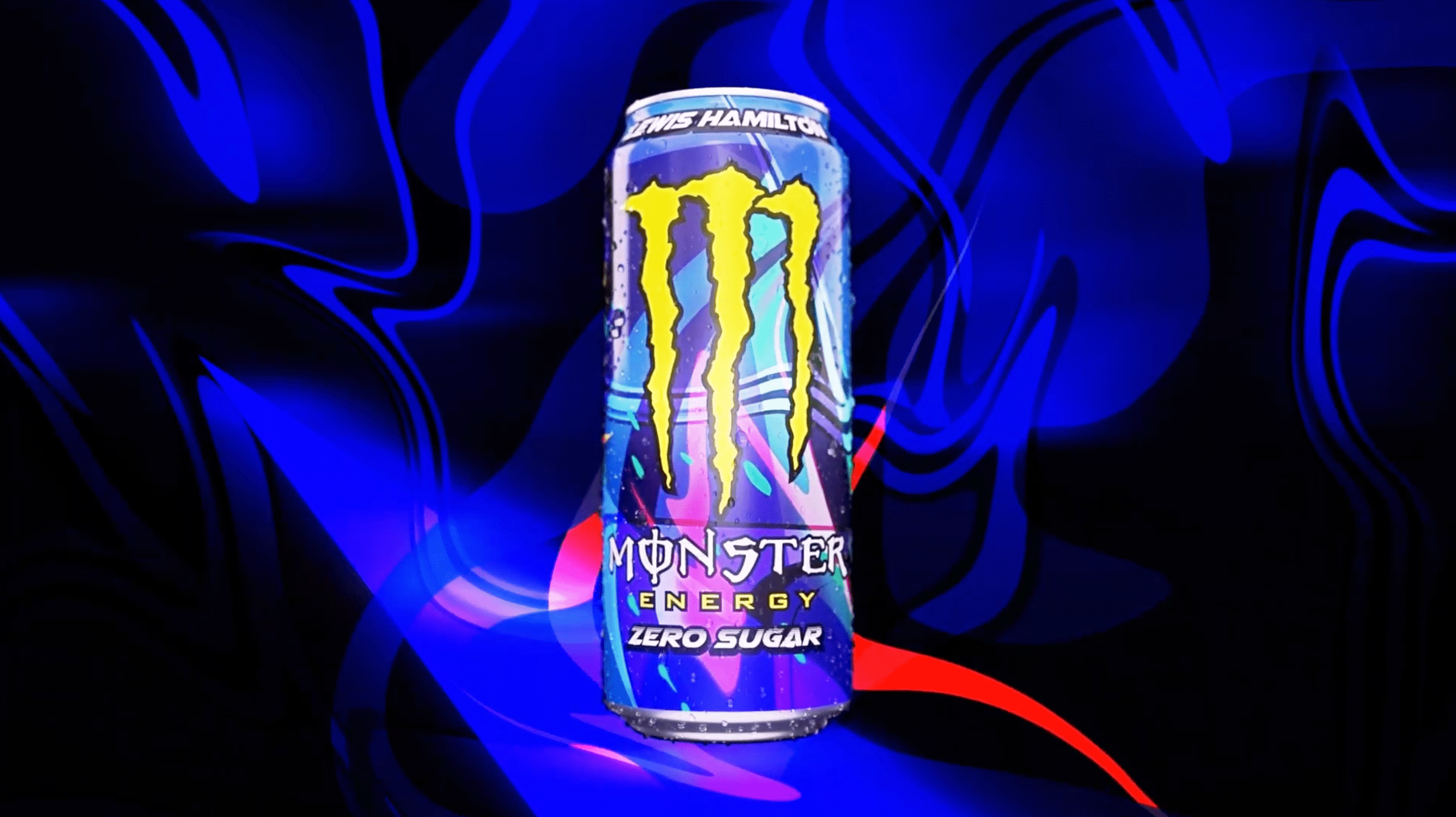 A can of Monster Energy on a blue and red background - Lewis Hamilton