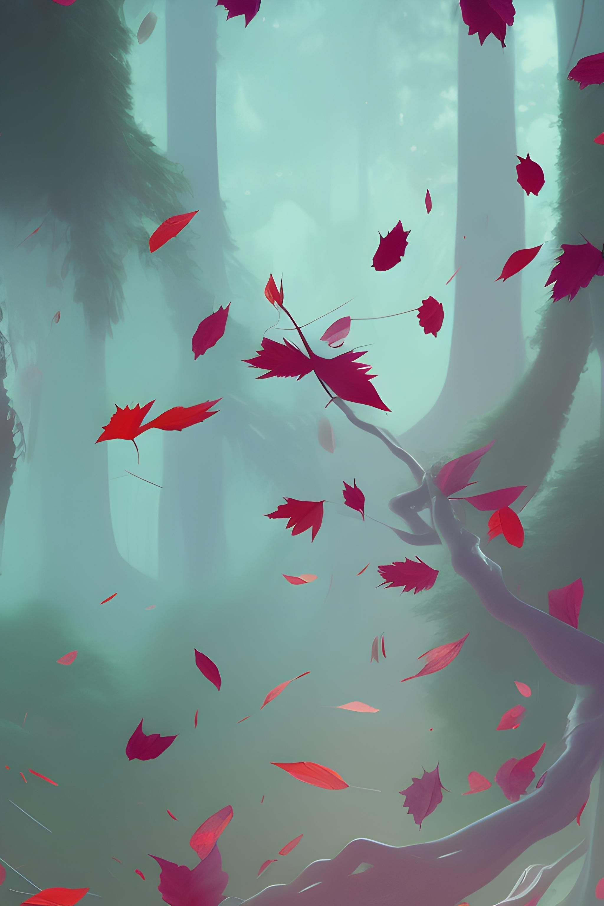 A digital painting of a forest with red leaves falling from a tree - Chinese