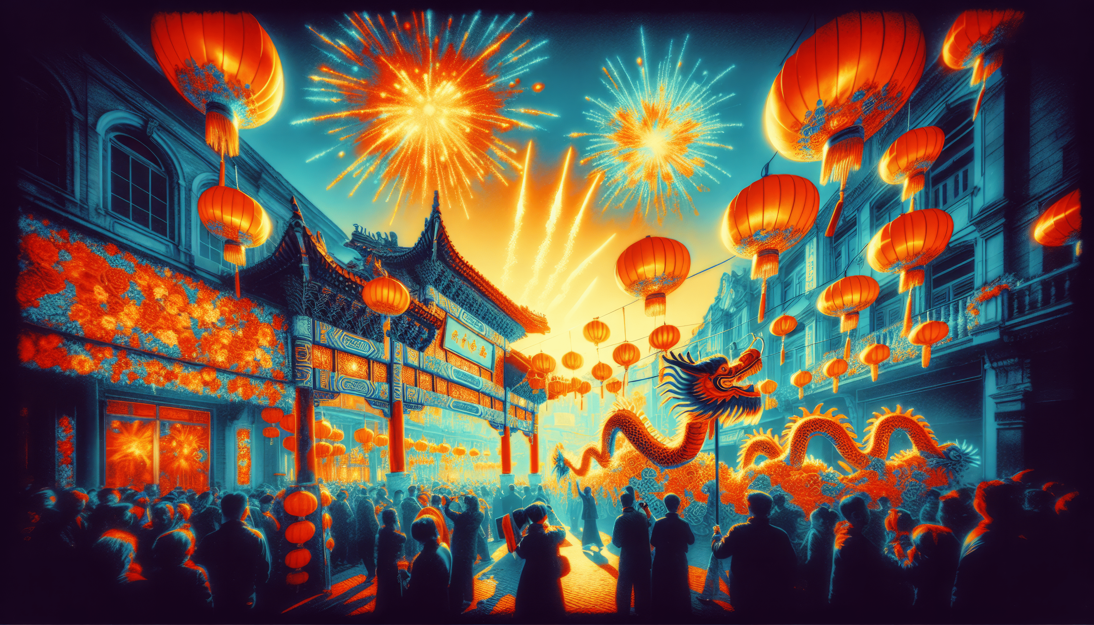 A digital painting of a crowded city street with a dragon and fireworks. - Chinese
