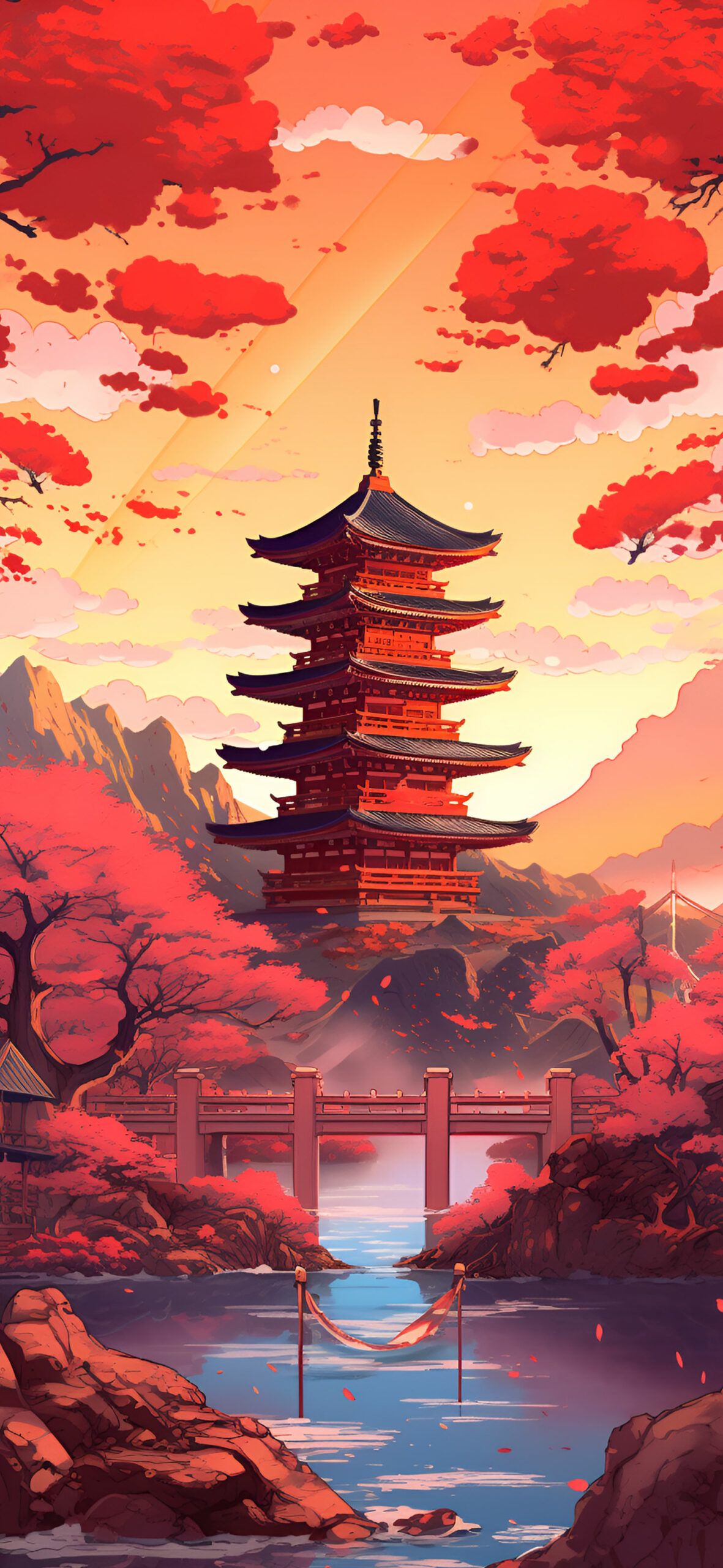 Japanese Pagoda & Red Trees Wallpaper
