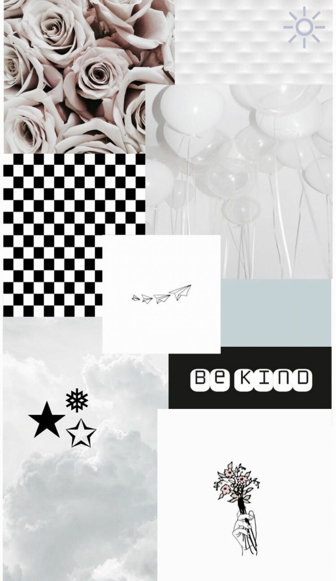 Aesthetic wallpaper with roses, balloons, clouds, and a checkered pattern. Be kind. - White