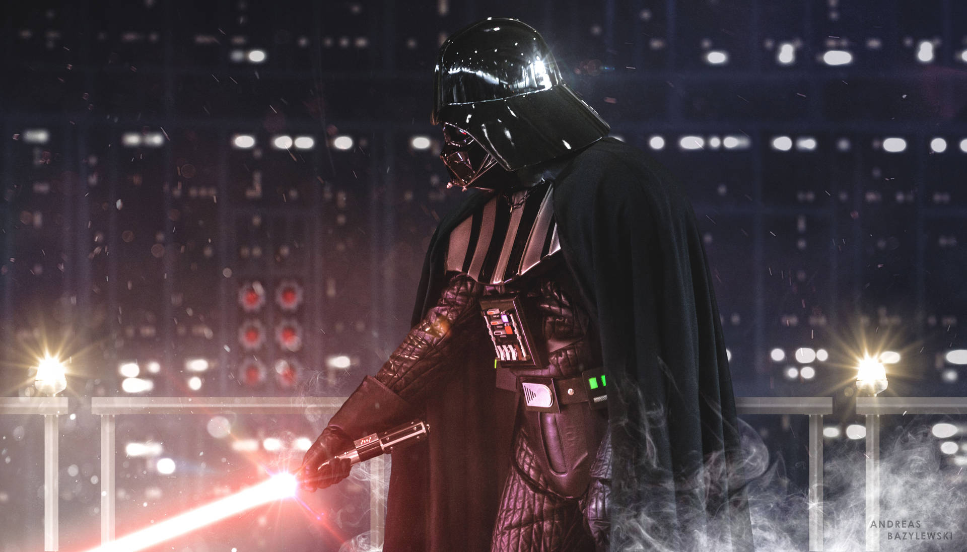 Darth Vader standing in front of a city at night with a red lightsaber - Darth Vader