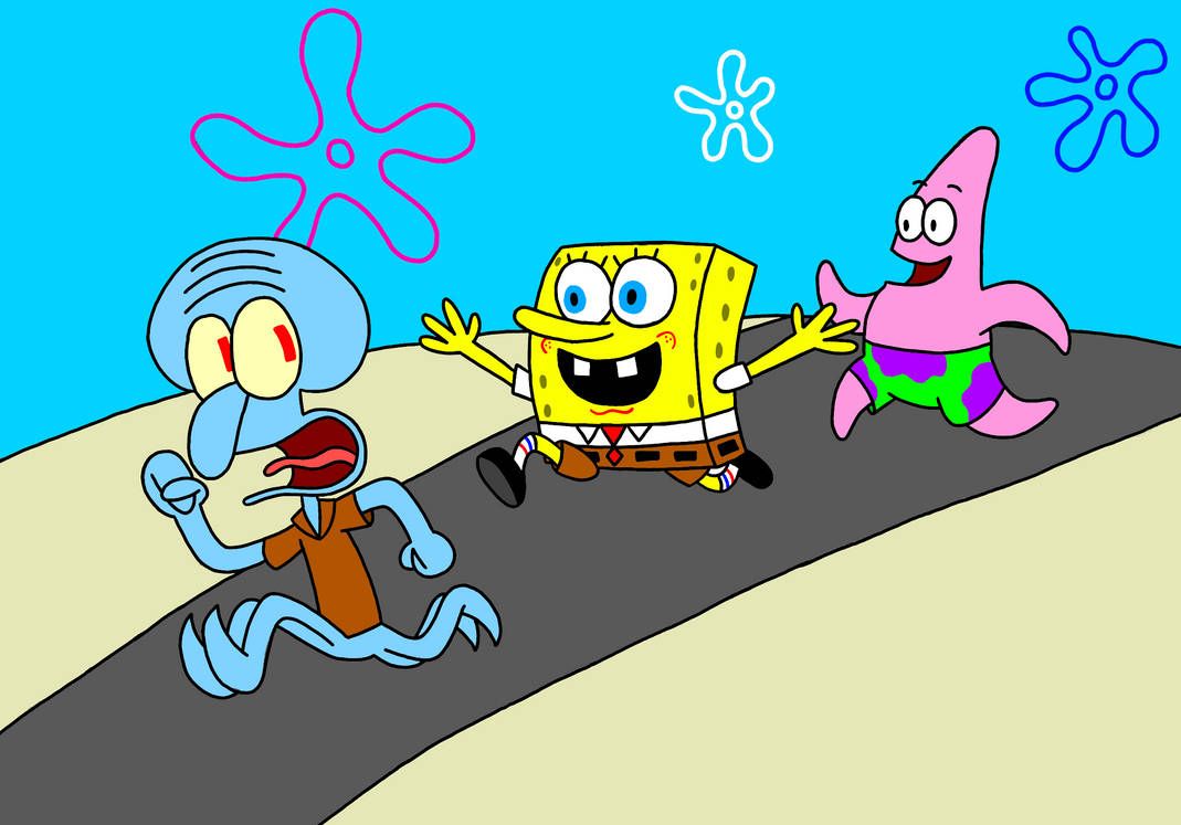 A drawing of SpongeBob, Squidward and Patrick running on a road. - Squidward