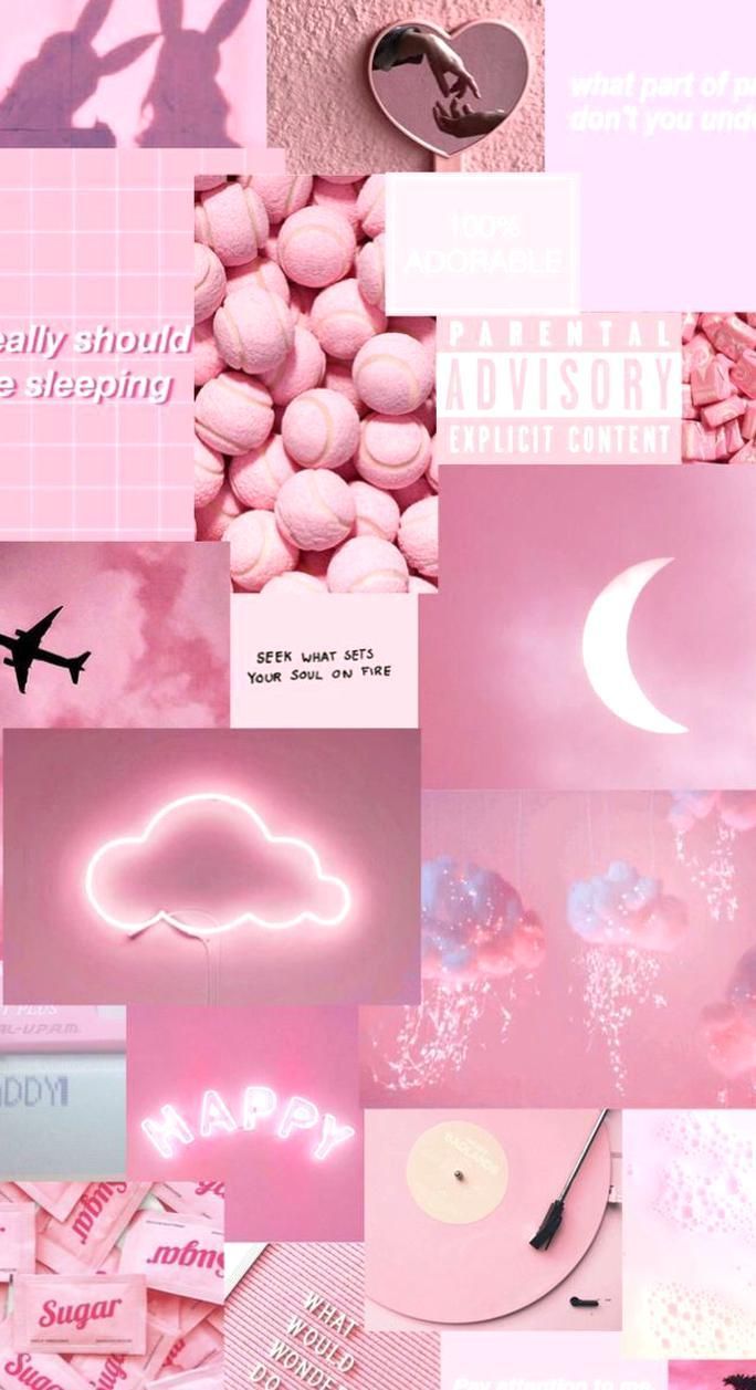 A collage of pink and white images - Happy, hot pink, candy, pink phone, cute pink, pink