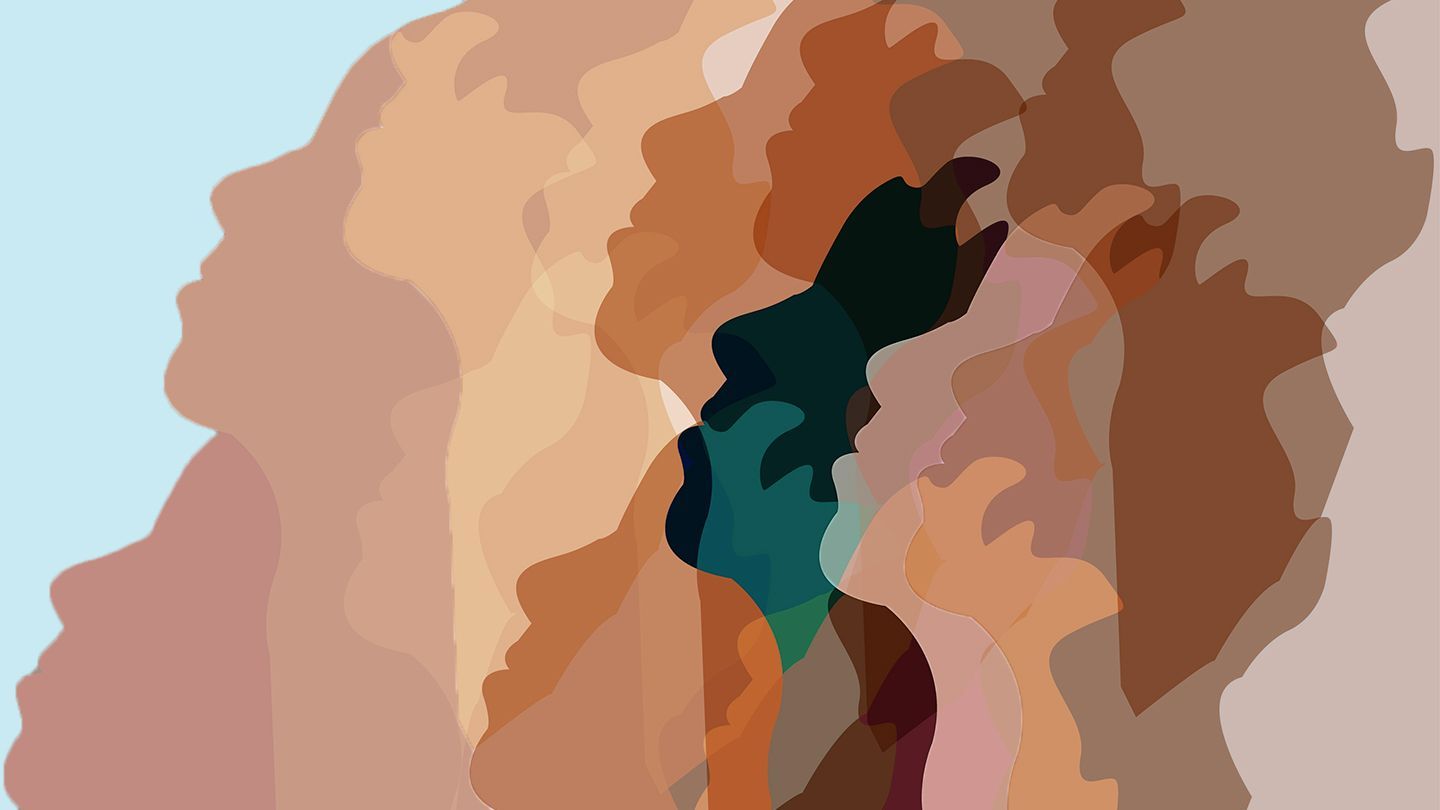 A digital artwork of a landscape with a blue sky and a brown mountain. The mountain is made up of abstract shapes in a gradient of brown, orange, pink and green. - Mental health