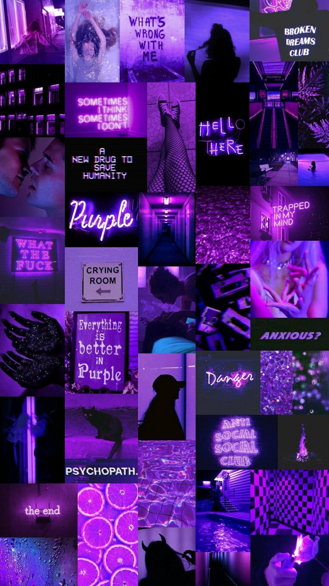 A collage of purple pictures with different words - Dark purple