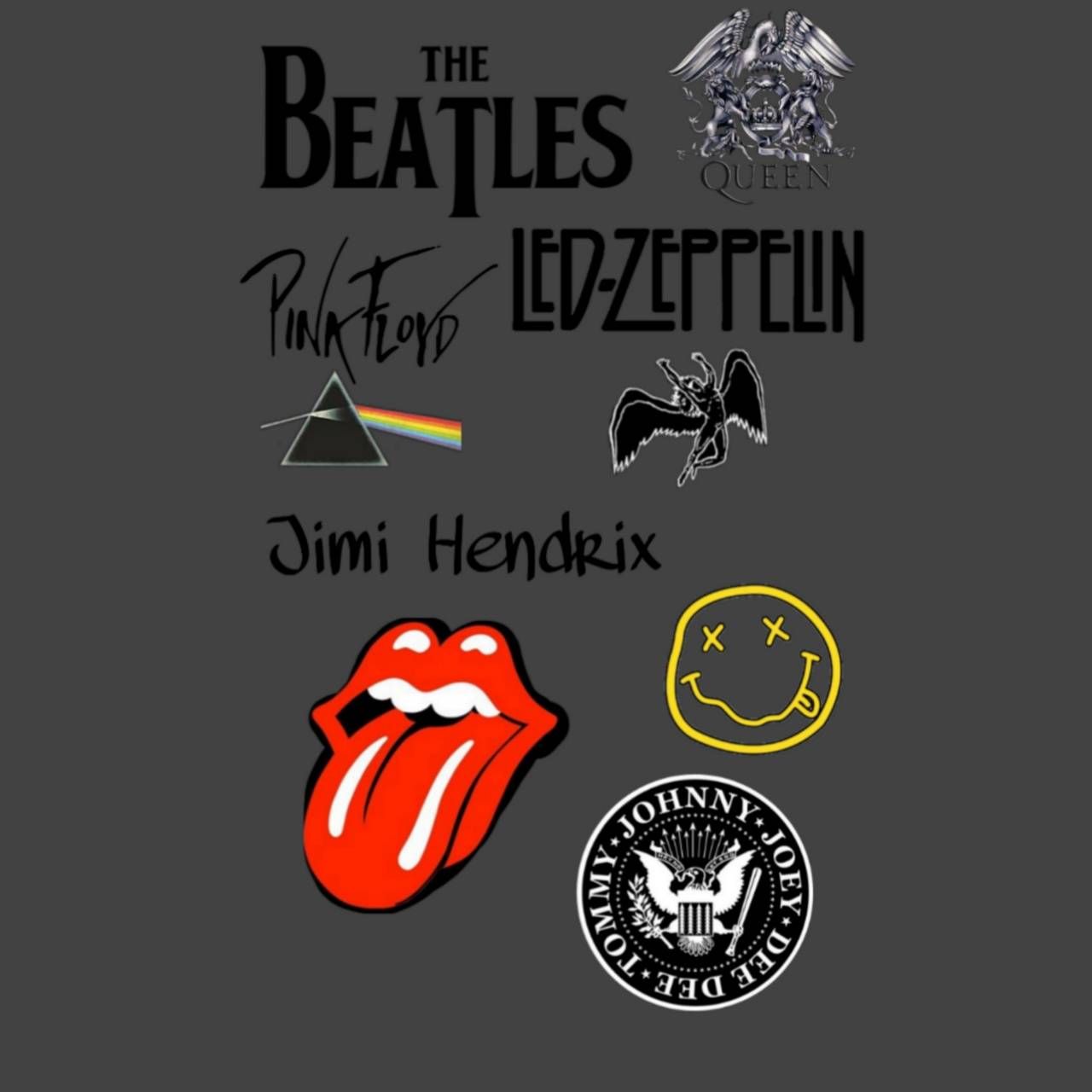 The Beatles, Pink Floyd, Led Zeppelin, Queen, Jimi Hendrix, Nirvana, Smiley face, Johnny Cash, and Eagles logos on a black background - Rolling Stones