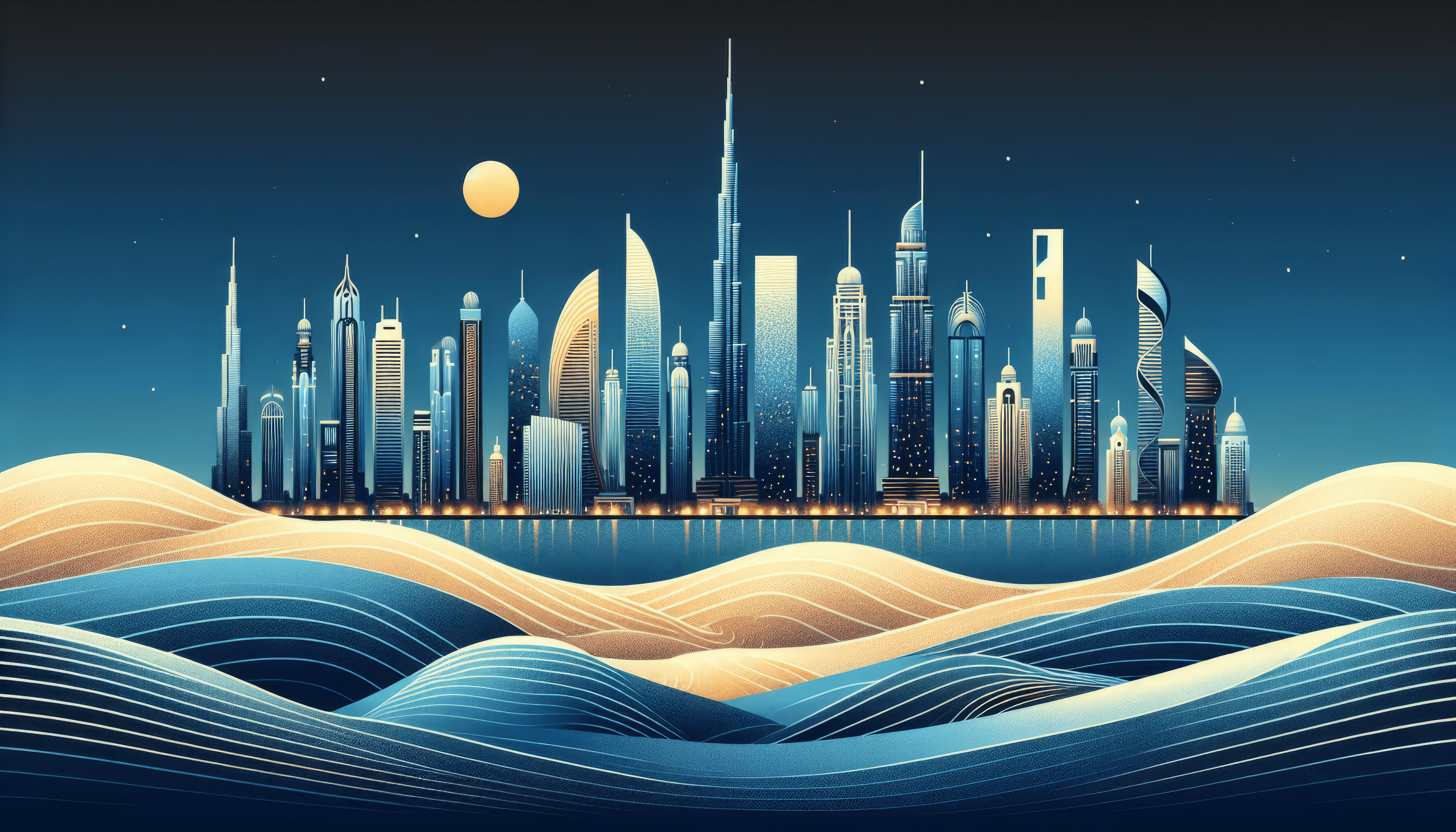 Illustration of a city skyline at night - Dubai