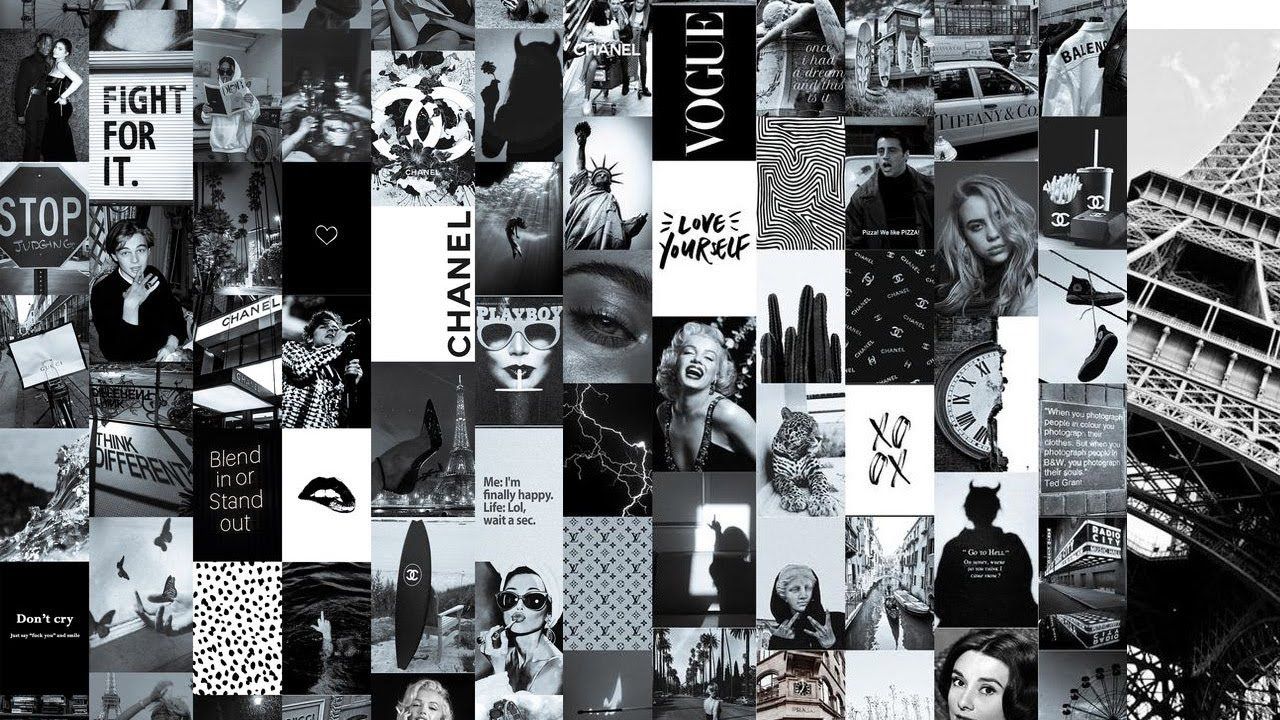A collage of black and white photos, including a Chanel bag, a stop sign, and a woman with a Chanel bag. - Black and white, gray