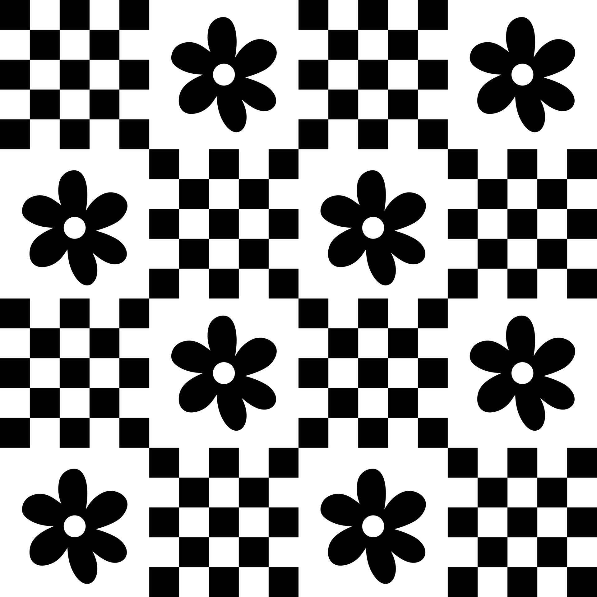 Cute patchwork floral seamless pattern background, black and white monochrome checkerboard and daisy backdrop. Modern, trendy vector design, aesthetic print for textile, wallpaper