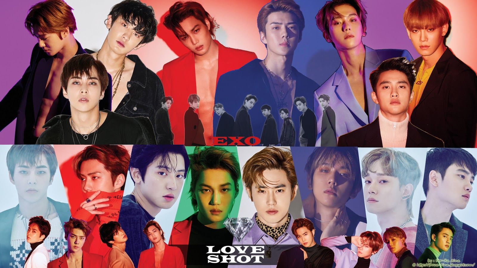 A collage of EXO members with the center image being the 'Love Shot' album cover - EXO