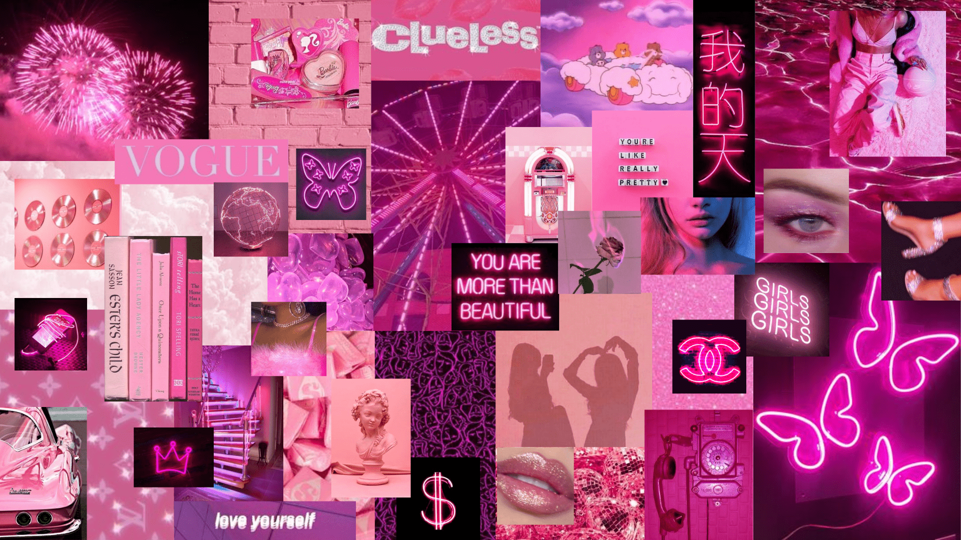 A collage of pink pictures with different images - Laptop, hot pink, Barbie, pink, Vogue, pink collage, neon pink