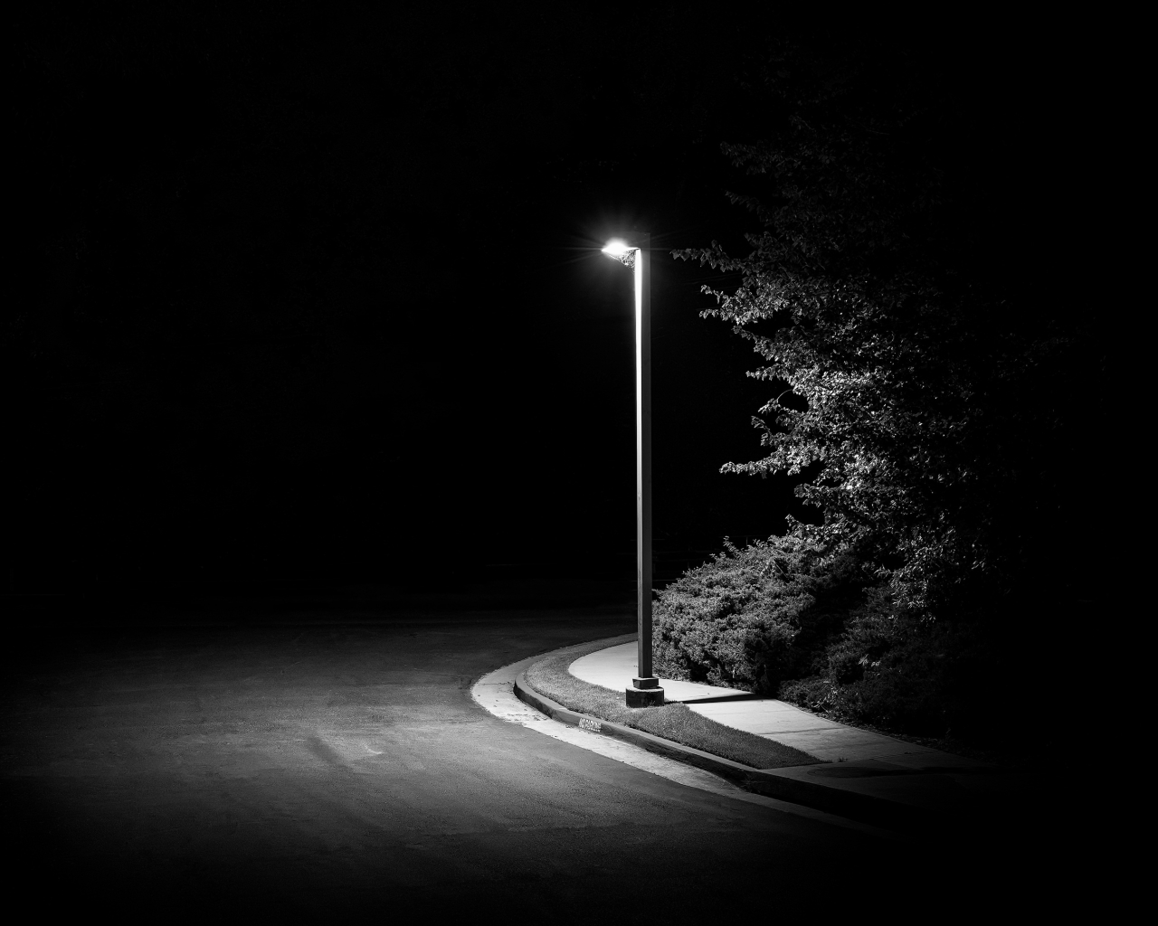 A street lamp illuminates a dark street. - Black and white