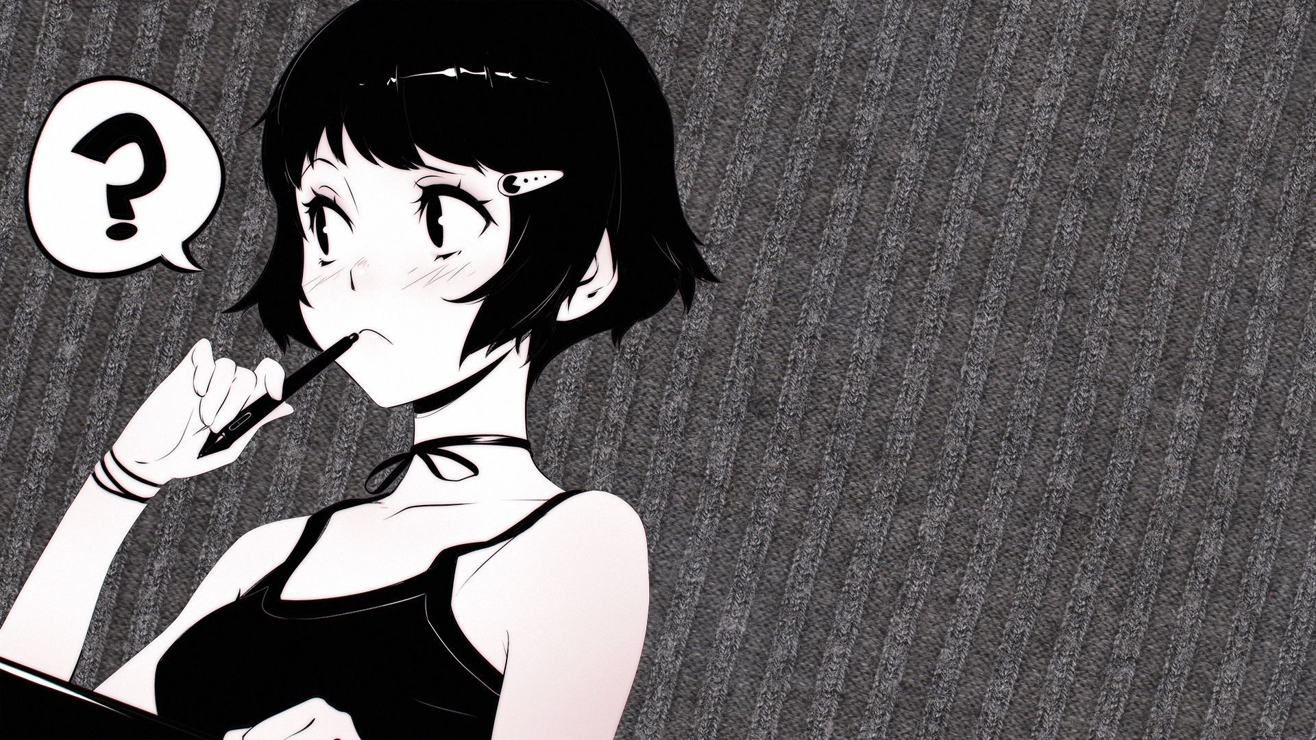 A cartoon girl is holding her mouth - Black and white, black anime
