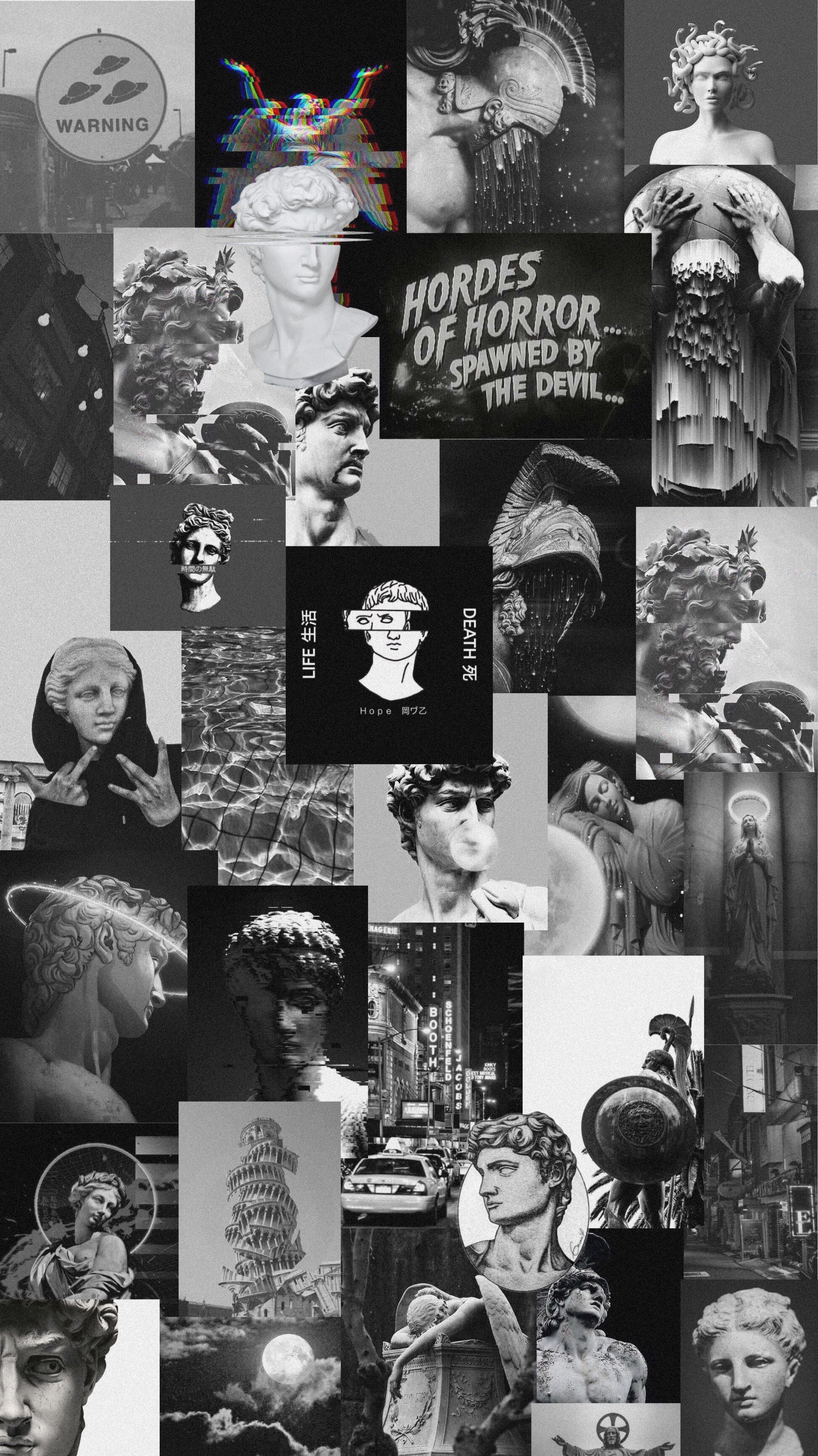 A collage of images with different statues - Black and white