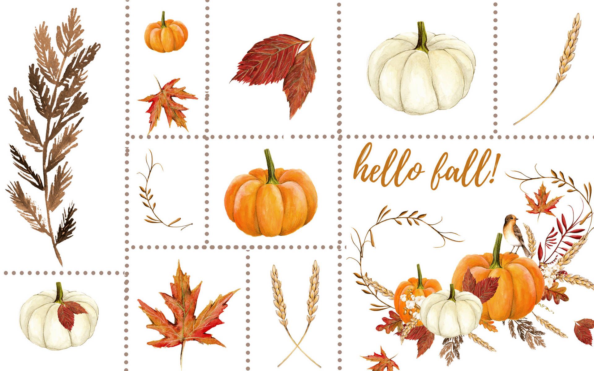 A collection of fall elements including pumpkins, leaves, wheat, and branches. - Cute fall