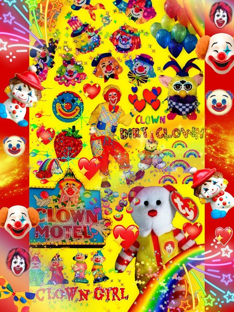 A collage of clowns and motel logos on a yellow background - Clowncore