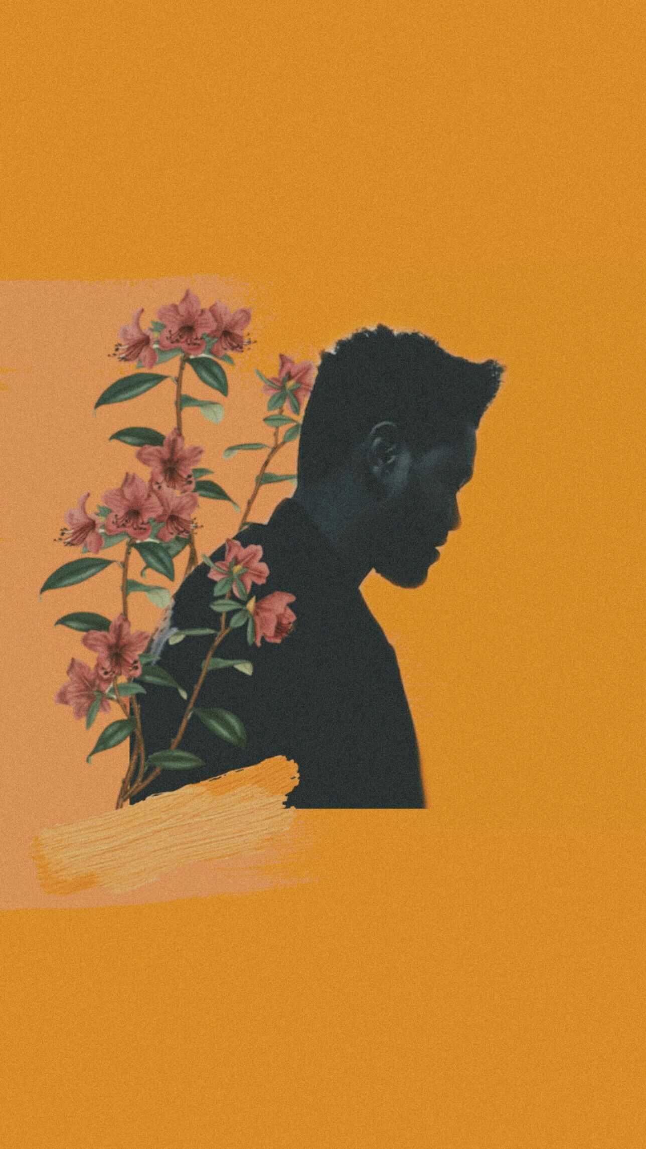 Aesthetic wallpaper phone background of a silhouette of a man with flowers on an orange background - The Weeknd