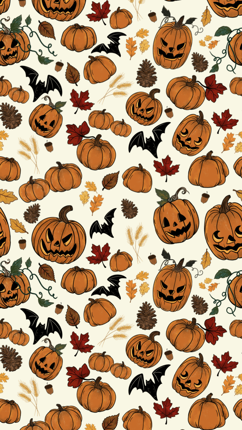 A pattern of pumpkins, bats, and leaves on a cream background. - Cute fall, pumpkin, fall iPhone