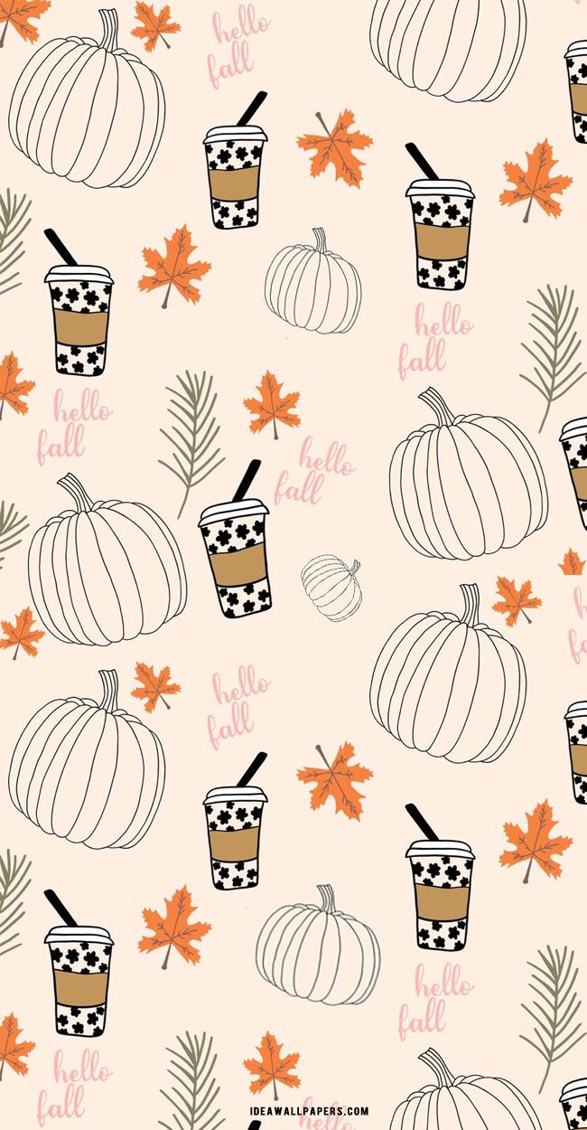 Free fall phone wallpaper with pumpkins, leaves, and coffee cups - Cute fall, cute Halloween, pumpkin