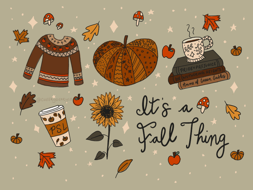 An illustration of fall items such as a pumpkin, sweater, coffee cup, and books. - Cute fall