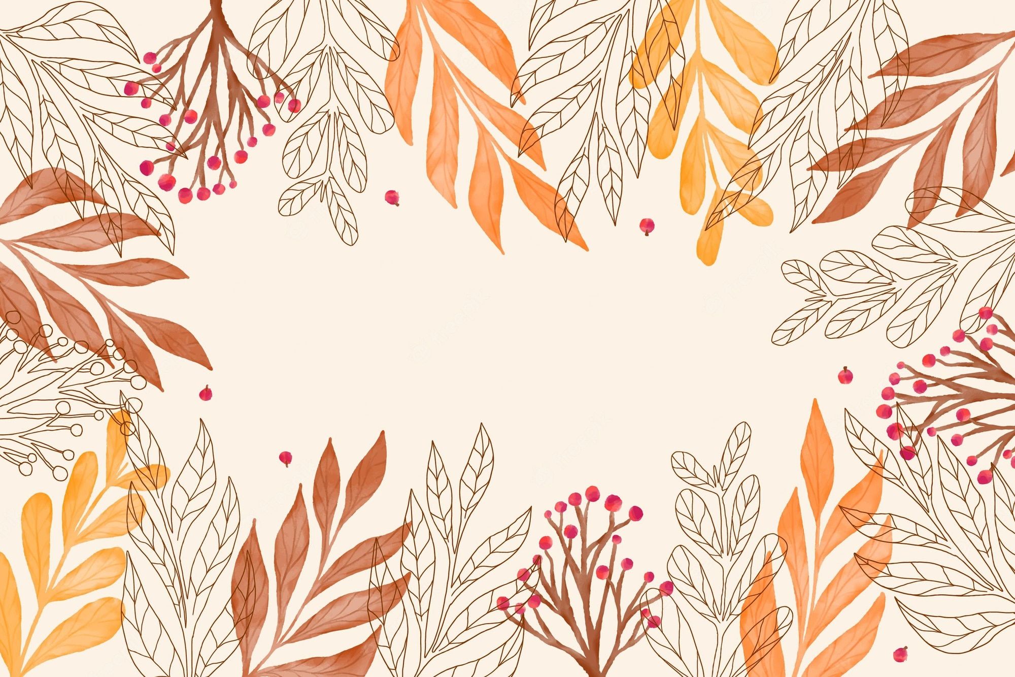 A beige background with orange and brown leaves and berries on the edges - Cute fall