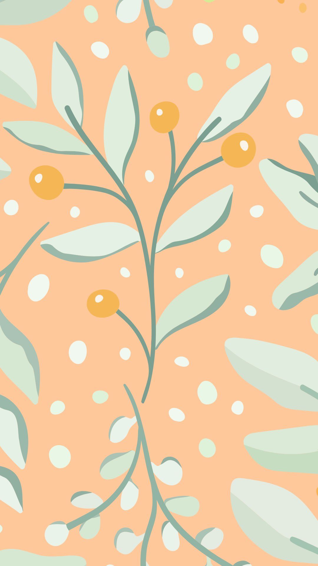 A phone wallpaper with a pattern of leaves and berries in green and white on a peach background - Cute fall