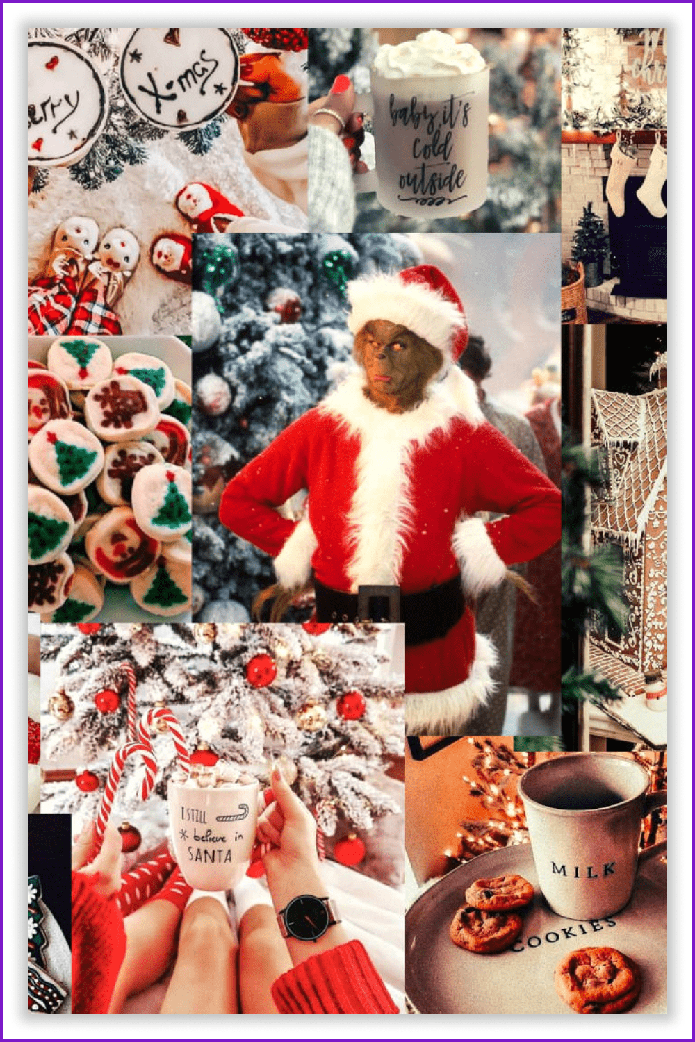 A collage of Christmas images including a monkey in a Santa outfit, a cup of milk and cookies, a snowy Christmas tree, and a mug that says 