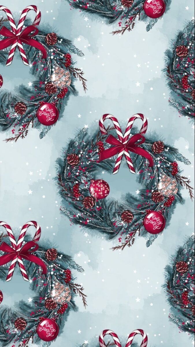 A blue background with red and white candy cane Christmas wreaths. - Silver, cute Christmas, Christmas iPhone
