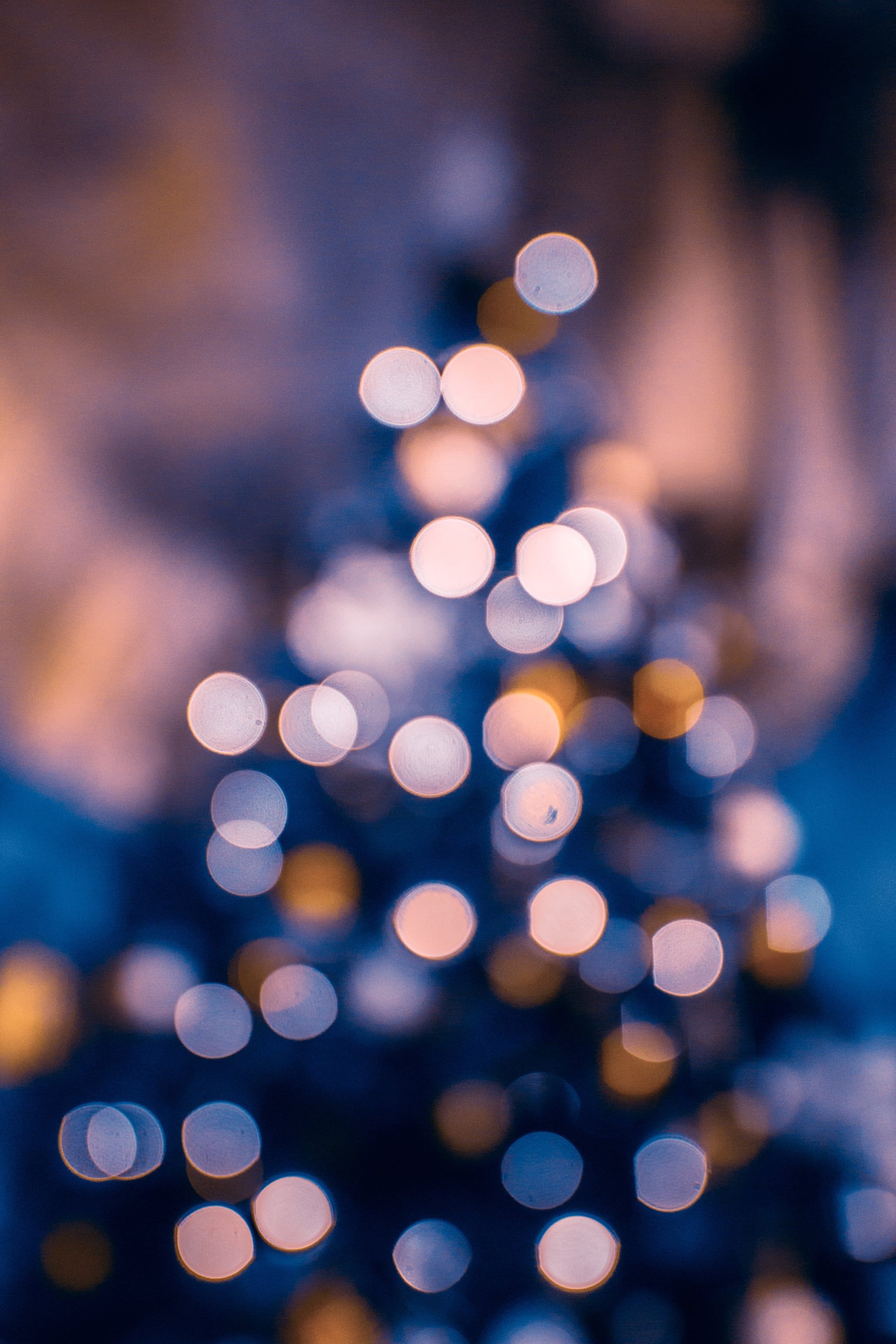 A blue and gold bokeh background with a blurred Christmas tree in the middle. - Christmas iPhone, cute Christmas, Christmas lights, December