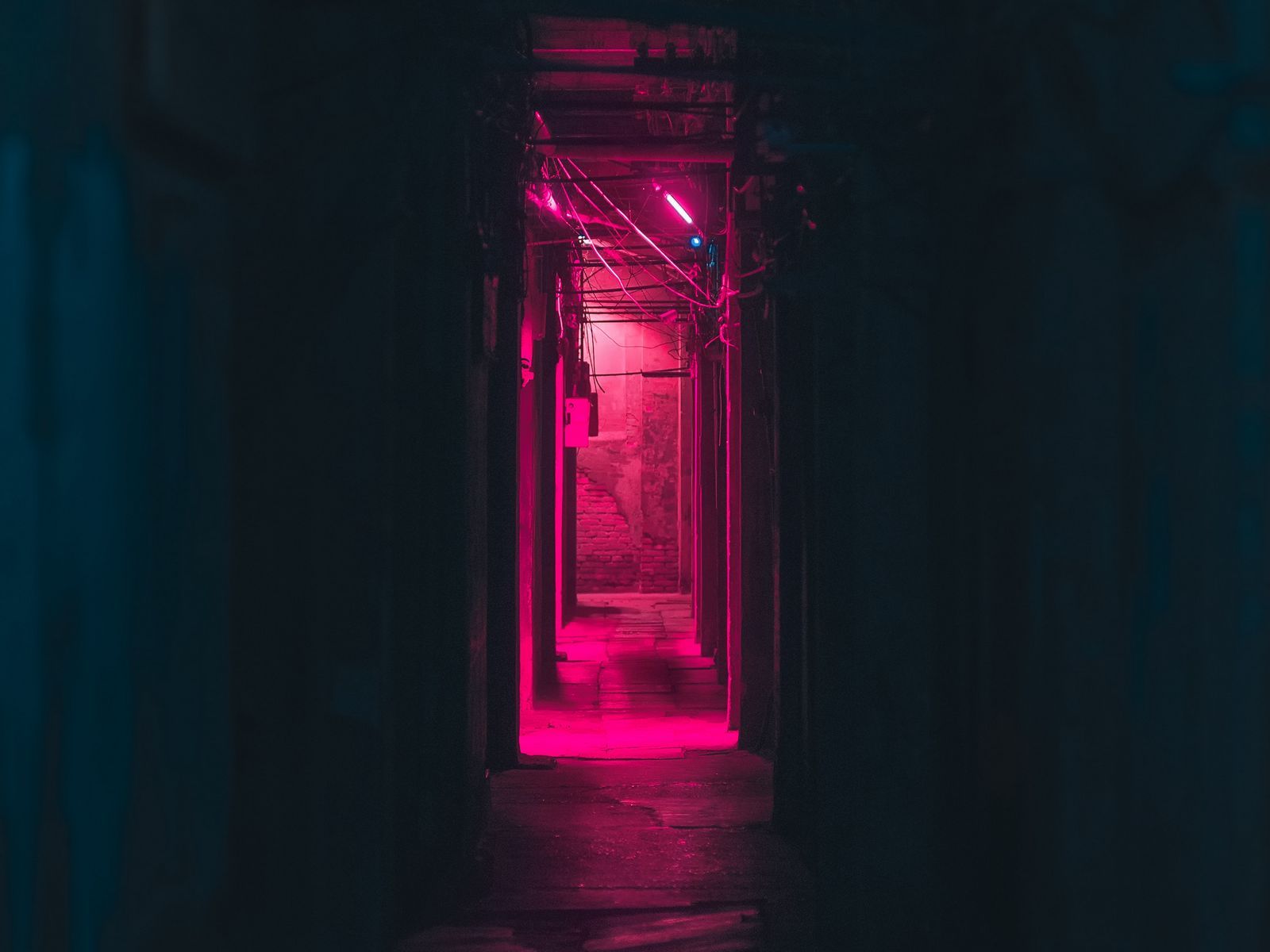 A dark and narrow hallway lit with pink neon lights. - Hot pink, neon pink, light pink