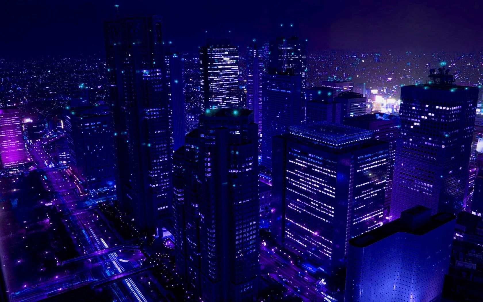 A purple and blue city at night with skyscrapers - Desktop, cityscape, city, night, anime city, skyline