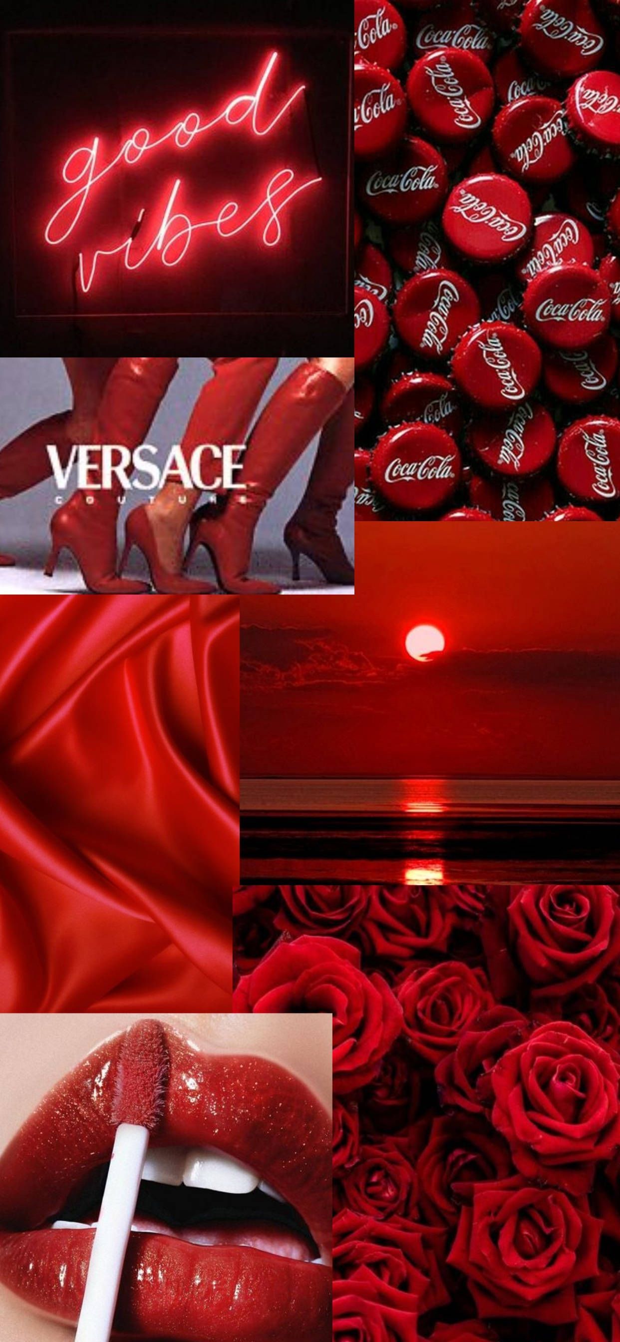 A collage of pictures with red roses and the word good vibs - IPhone red, red, lips
