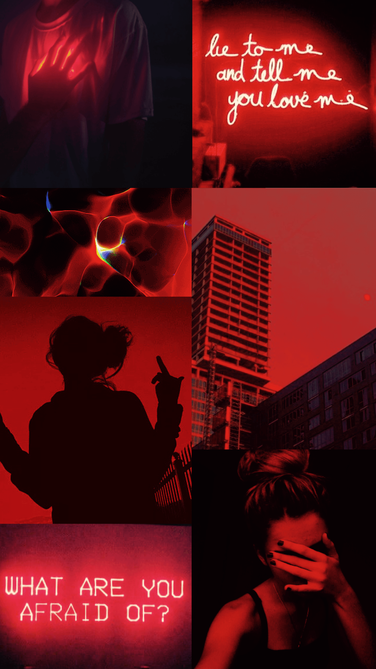 Red aesthetic collage with neon signs, buildings, and a girl with her hands on her mouth. - IPhone red, red