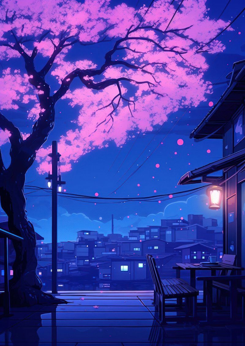 HD, anime, Chinese, cherry blossom, neon blue, art, blue anime, lonely, Japan, neon purple