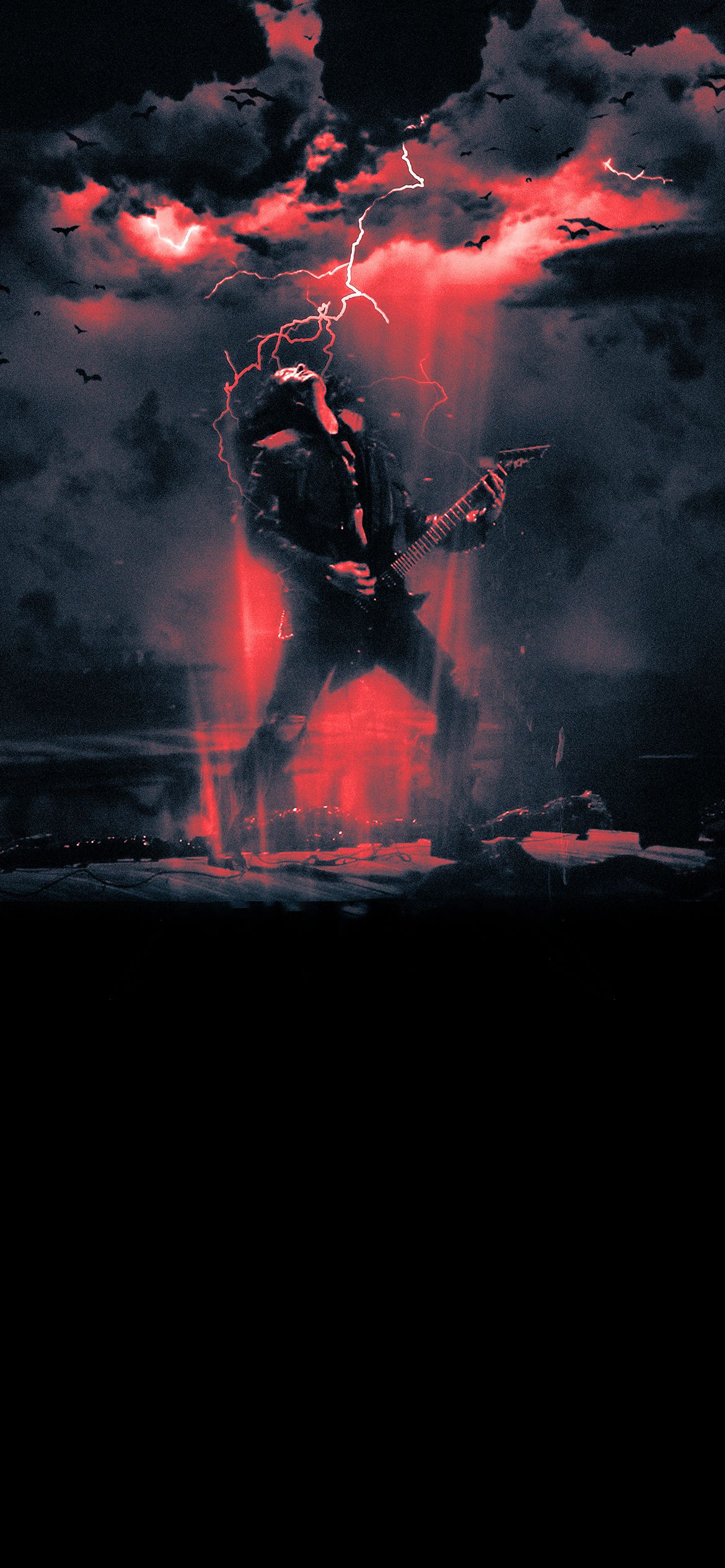 A man playing guitar in the rain with lightning - IPhone red