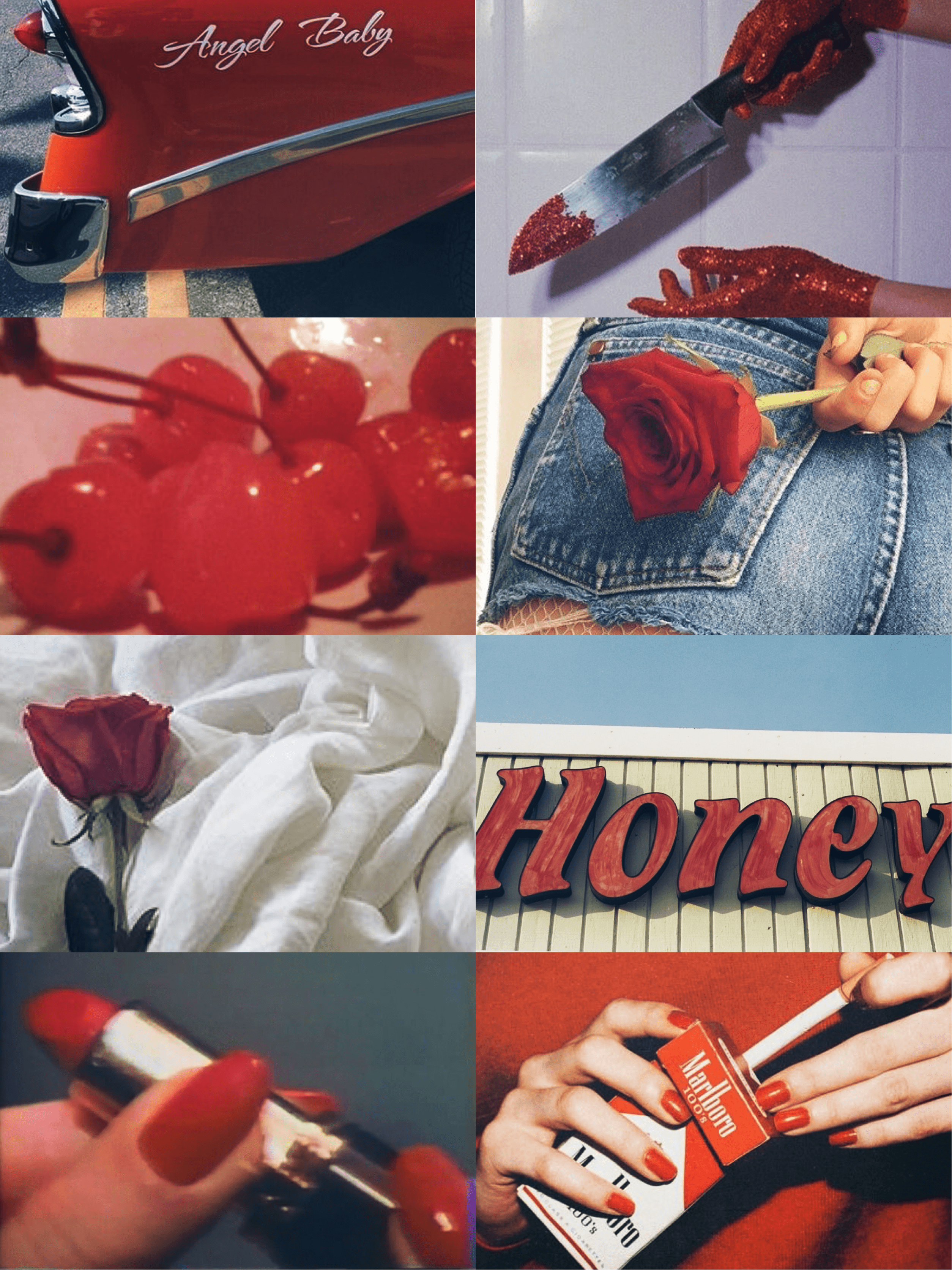 Red aesthetic collage with red rose, cherries, red lipstick, red car and red nail polish - IPhone red, vintage, nails