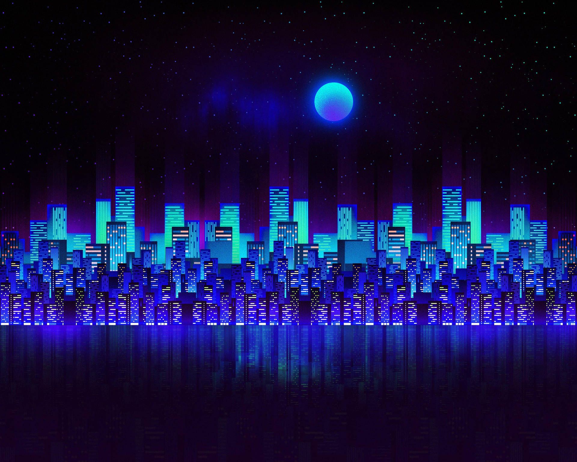 A city skyline at night with blue neon lights - Neon blue, neon