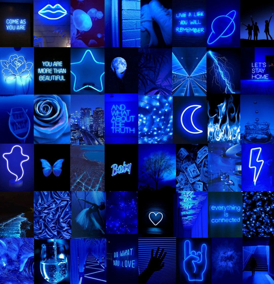 Aesthetic blue wallpaper collage for phone background. - Neon blue