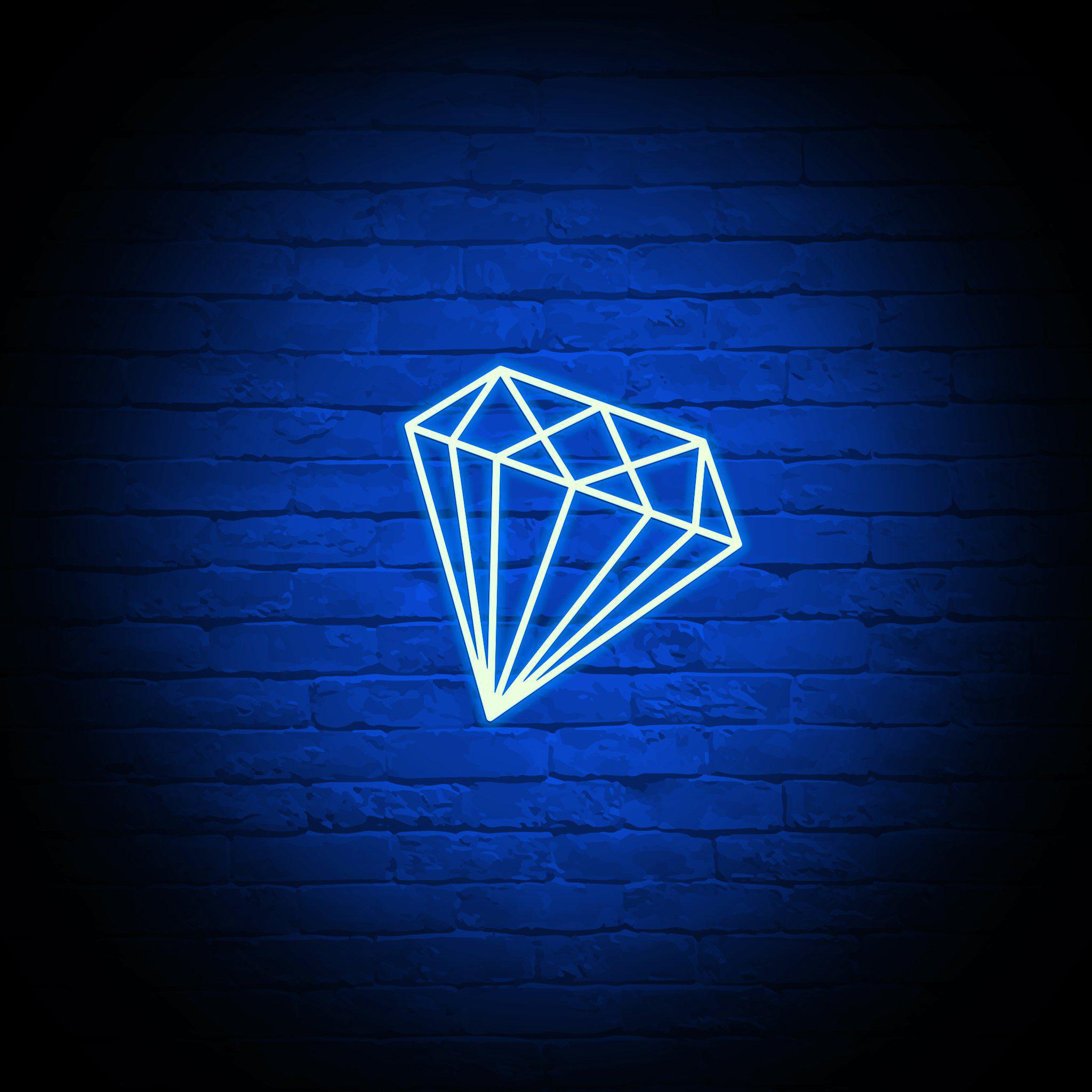 A neon blue sign of a diamond on a brick wall - Neon blue