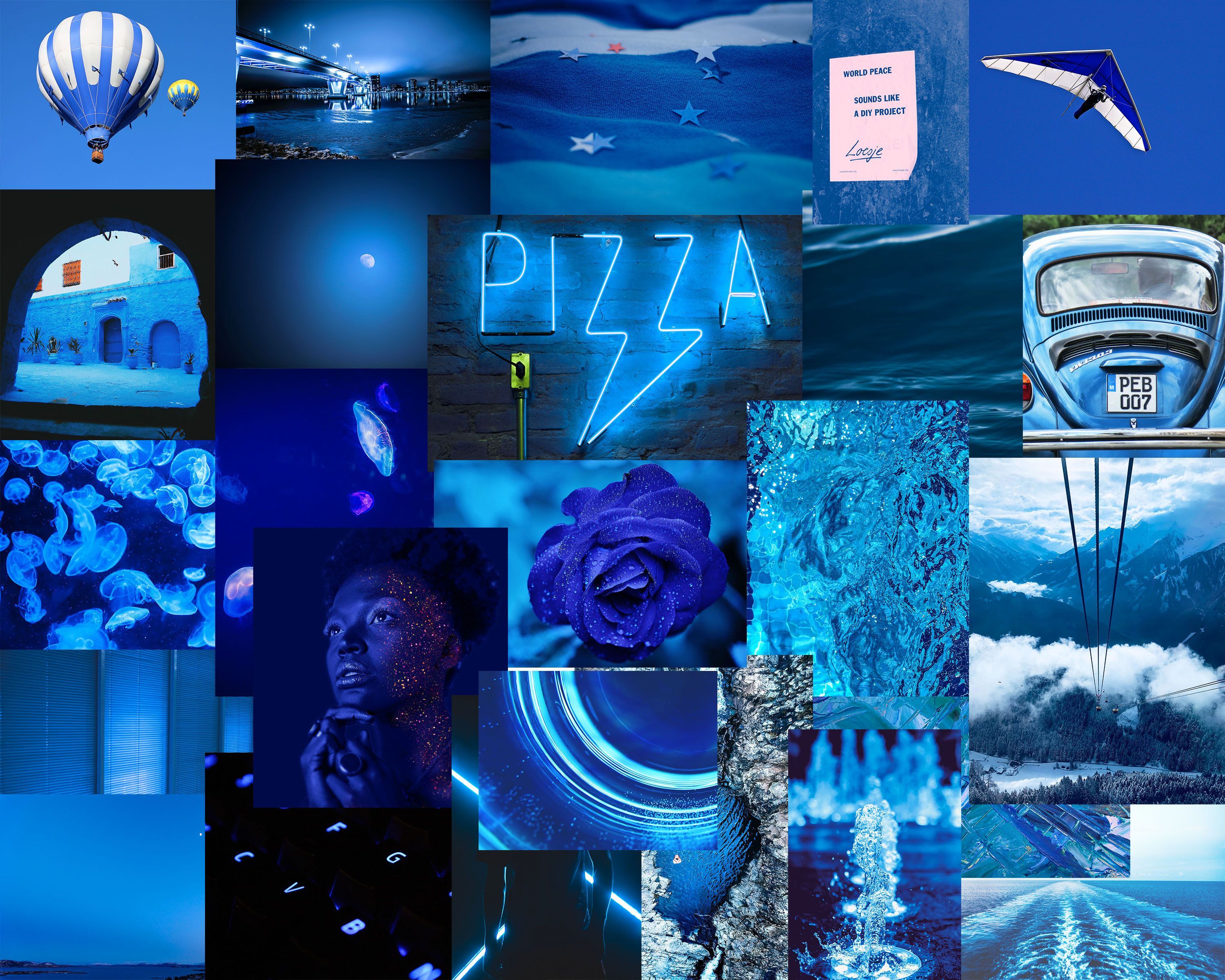 A collage of blue images including pizza, hot air balloons, and a house. - Neon blue, navy blue