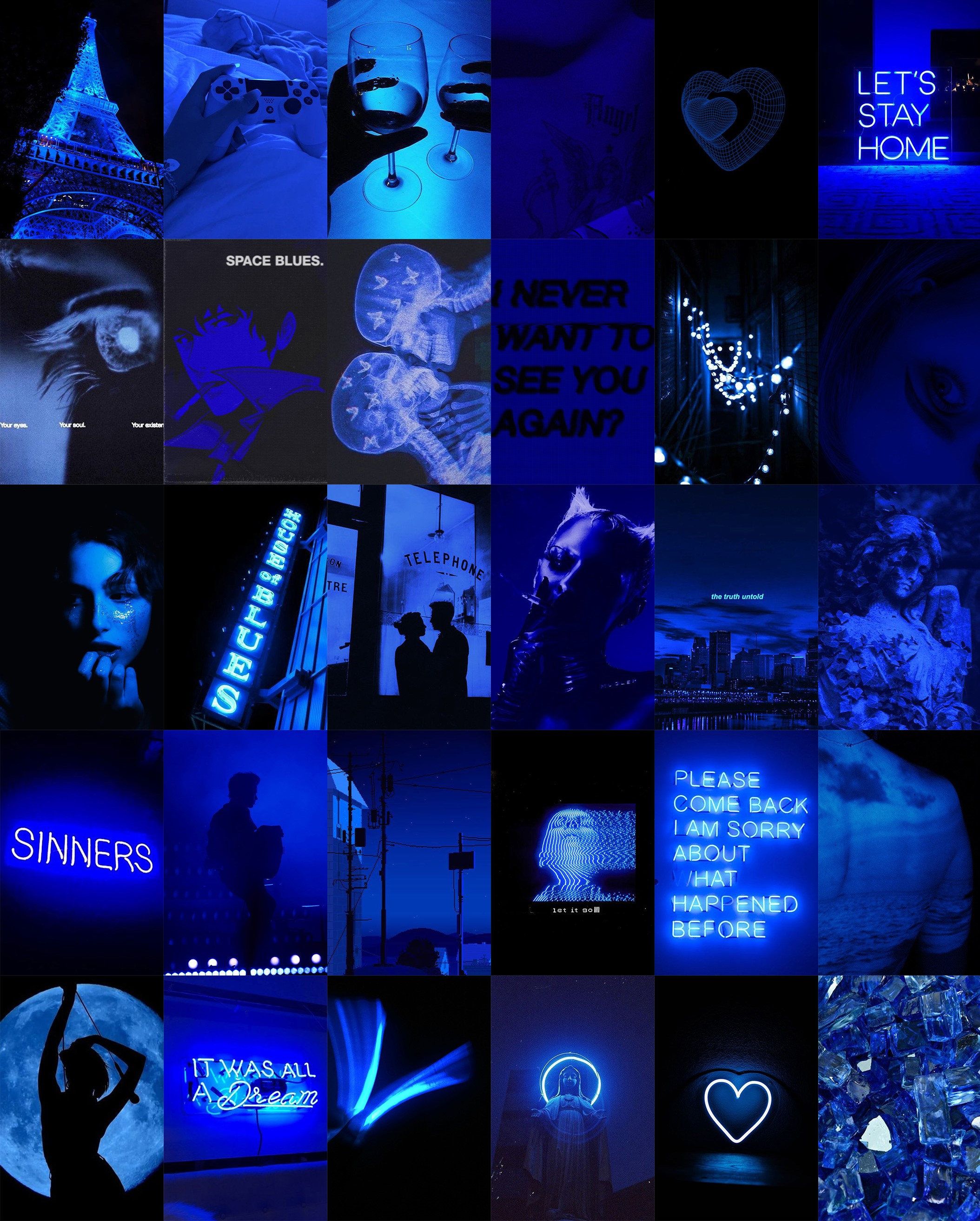 A collage of pictures with blue lighting - Neon blue
