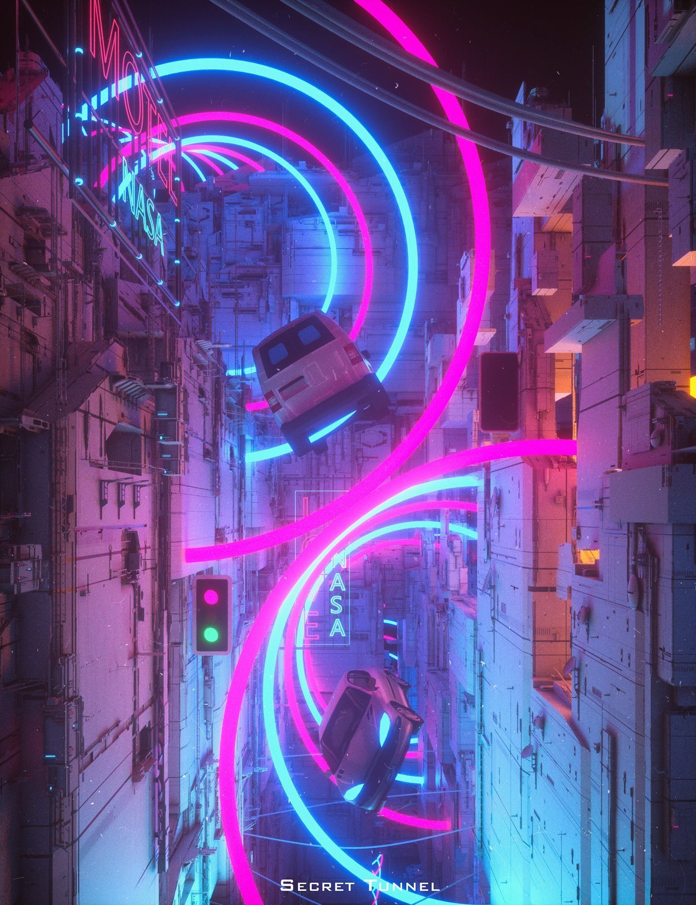 Cyberpunk city street with neon lights and a traffic light - Neon blue
