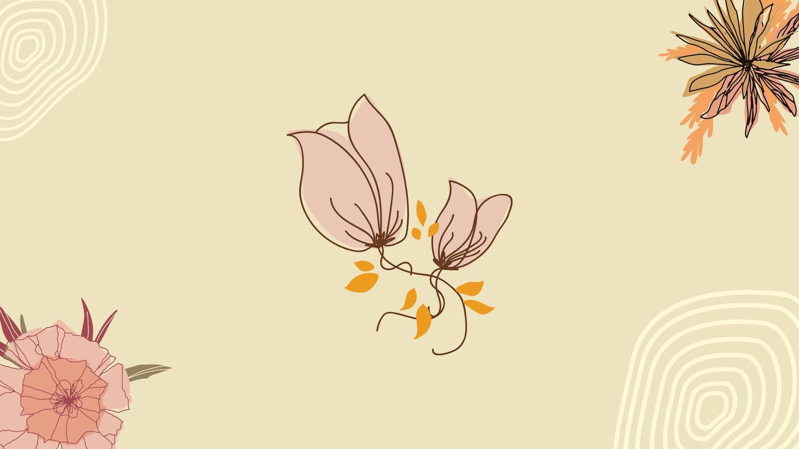 An image of a yellow background with pink flowers and orange leaves. - Flower, pastel minimalist