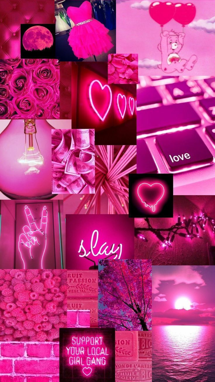 Aesthetic pink collage background for phone - Hot pink