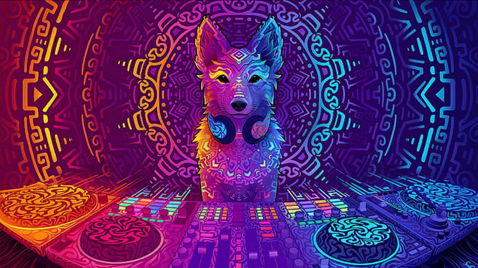 Colorful Wolf Headphones Psychedelic