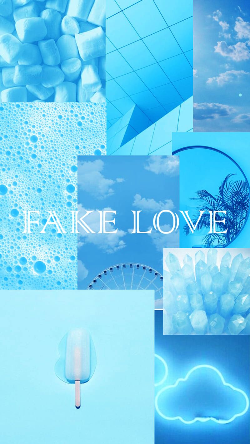 A collage of pictures with the words fake love - Light blue