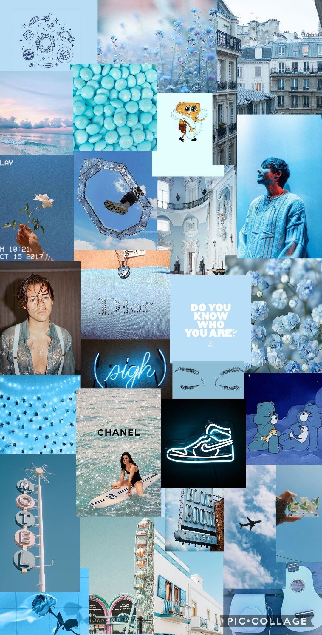 A collage of pictures with blue backgrounds - Blue, light blue, pastel blue